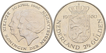 Нидерланды 2 1/2 гульдена 1980 коронация Беатрикс, 30 апреля 1980 KM 201 никель 4587-1022