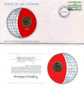 ФИНЛЯНДИЯ 20 ПЕННИ 1978 конверт с маркой первого дня гашения, Coins of Nations KM 47 алюминиевая бронза UNC 4294-23-3