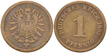 ГЕРМАНИЯ 1 ПФЕННИГ 1889 D, СТАРОГЕРБОВКА KM 1, J. 1, Weege 1 медь 206-1269