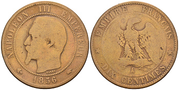 Франция 10 сантимов 1856 A, Наполеон III (1852-1870) KM 771.1, Le Franc 133.32 бронза 221-445