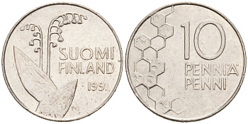 ФИНЛЯНДИЯ 10 ПЕННИ 1991 М, ЛАНДЫШ KM 65 медно-никель 192-1139