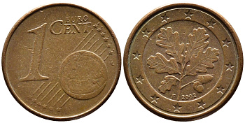 ГЕРМАНИЯ 1 ЕВРОЦЕНТ 2002 F KM 207 сталь плакированная медью 4387-1228