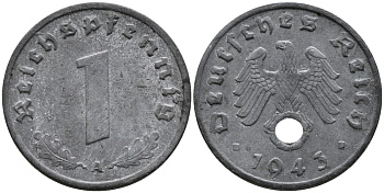 ГЕРМАНИЯ 1 РЕЙХСПФЕННИГ 1943 A KM 97, J.369 цинк 96-756