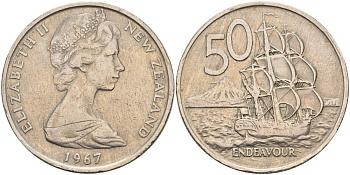 Новая Зеландия 50 центов 1967 Елизавета II (1952-2022), парусник Индевор KM 37.1 медно-никель 4131-1213