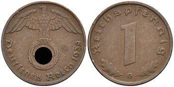 Германия 1 рейхспфенниг 1938 G KM 89, J 361 бронза 4136-1233