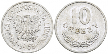 ПОЛЬША 10 ГРОШЕЙ 1968 MW KM АА47 алюминий 112-1213