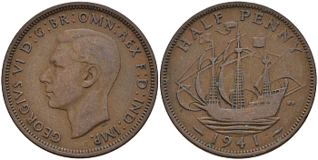 Великобритания 1/2 пенни 1941 Георг VI (1936-1952) KM 844, Spink 4115 бронза 4146-232