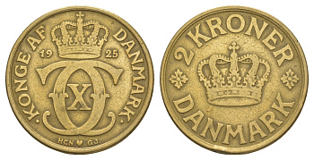 Дания 2 кроны 1925 HCN; GJ, Кристиан X (1912-1947) KM 825 алюминиевая бронза 88-536