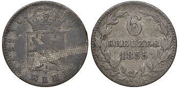 Нассау 6 крейцеров 1835 Вильгельм I (1816-1839) KM 53 серебро    188-456