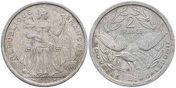 Французская Новая Каледония 2 франка 1995 птица кагу, (IEOM) KM 14, Schoen 11, Lec 68 алюминий    23-812
