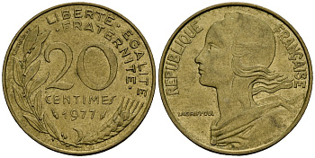 Франция 20 сантимов 1977 тип Marianne KM 930 медь алюминий никель 4135-616