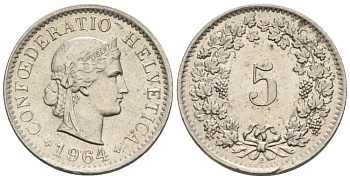 Швейцария 5 раппенов 1964 В KM 26 медно-никель 4576-932