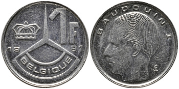 БЕЛЬГИЯ 1 ФРАНК 1991 BELGIQUE KM 170 сталь плакированная никелем 99-1225