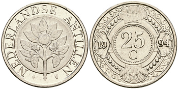 Нидерландские Антилы 25 центов 1994 Беатрикс (1980-2013) KM 35 сталь плакированная никелем 4364-1827