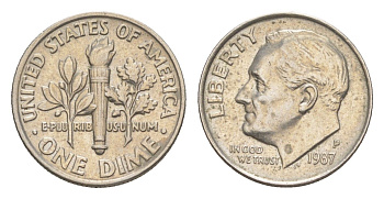 США 1 дайм (10 центов) 1987 P, президент Рузвельт KM 195a медь плакированная медно-никелем 4649-1251