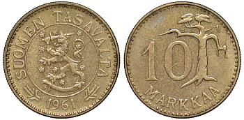 ФИНЛЯНДИЯ 10 МАРОК 1961 S KM 38 алюминиевая бронза 3334-1021