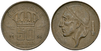 Бельгия 50 сантимов 1955 BELGIQUE KM 144 бронза 4164-1041