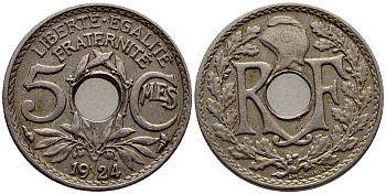 ФРАНЦИЯ 5 САНТИМОВ 1924 ТИП ЛИНДАЙЁ KM 875 медно-никель 54-119