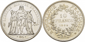 Франция 10 франков 1969 Геракл с богинями равенства и братства KM 932 серебро UNC 1074-6-44