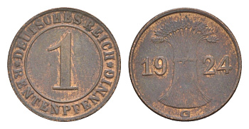 Германия 1 рентенпфенниг 1924 G KM 30, J. 306 бронза 4644-1027
