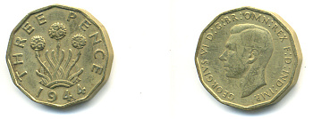 Великобритания 3 пенса 1944 Георг VI (1936-1952) KM 849, Spink 4112 никель латунь 83-713