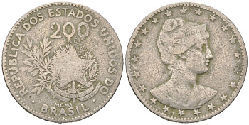 Бразилия 200 реалов 1901 MCMI, голова свободы вправо KM 504 медно-никель 4612-336