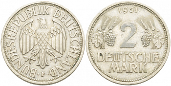 ФРГ 2 марки 1951 F J 386, KM 111 медно-никель плакированный никелем 1515-2114