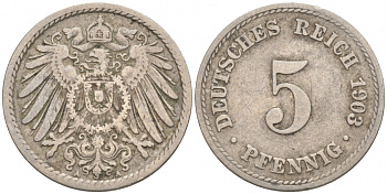 ГЕРМАНИЯ 5 ПФЕННИГОВ 1903 A, KM 11, J. 12 медно-никель 73-1727