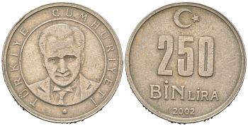 Турция 250000 лир 2002 Мустафа Кемаль Ататюрк KM 1137 медь цинк никель 4582-1227