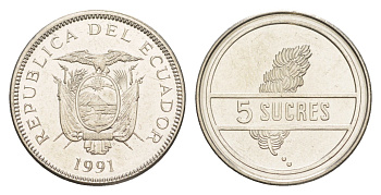 Эквадор 5 сукре 1991 KM 91.2 сталь плакированная никелем UNC 4640-1243