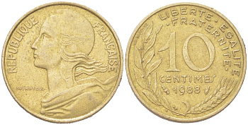 Франция 10 сантимов 1988 тип Marianne KM 929 алюминиевая бронза 4613-313