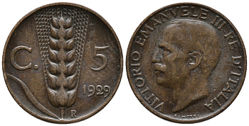 ИТАЛИЯ 5 ЧЕНТЕЗИМО 1929 R, ВИКТОР ИМАНУИЛ III. КОЛОС KM 59 медь 66-128
