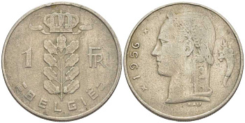 БЕЛЬГИЯ 1 ФРАНК 1956 BELGIE, БОДУЭН I (1951-1993) KM 143.1 медно-никель 119-543