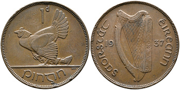 ИРЛАНДИЯ 1 ПЕННИ 1937 КУРИЦА С ЦЫПЛЯТАМИ KM 3 бронза 32-133