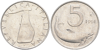 Италия 5 лир 1998 R, дельфин KM 92 алюминий  UNC  4594-815