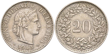 ШВЕЙЦАРИЯ 20 РАППЕНОВ 1943 В KM 29a медно-никель 55-711