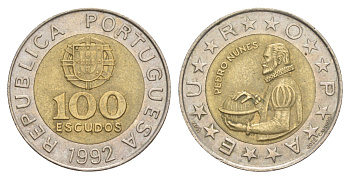 Португалия 100 эскудо 1992 Педру Нуниш (1502-1578), математик KM 645 биметалл 4390-926