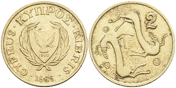 Кипр 2 цента 1985 первый год KM 54.2 никель латунь    4115-412