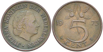 НИДЕРЛАНДЫ 5 ЦЕНТОВ 1973 ЮЛИАНА (1948-1980) KM 181 бронза 213-1123
