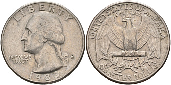 США 25 центов = квотер 1983 D, Вашингтон KM A164a медь плакированная медно-никелем 4584-1156