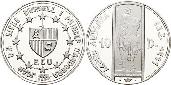 Андорра 10 динеров 1995 Рамон Беренгер III (1082-1131), таможенный союз ECU KM 105 серебро PROOF 11-236-15