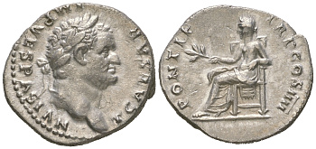 Римская Империя денарий 75 Тит, T CAESAR IMP VESPASIAN, голова императора/PONTIF TR P COS IIII, Пация, богиня Мира, Рим, 3,30 гр, extremely fine RIC 185 серебро 00-00