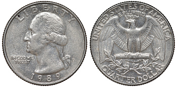 США 25 центов = квотер 1989 D, Вашингтон KM A164a медь плакированная медно-никелем 4556-252