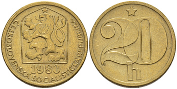 ЧЕХОСЛОВАКИЯ 20 ГЕЛЛЕРОВ 1980 СОЦИАЛИСТИЧЕСКАЯ РЕСПУБЛИКА KM 74 латунь 4383-419