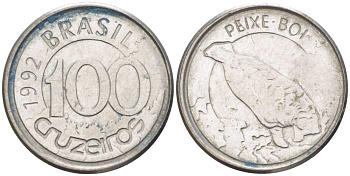 БРАЗИЛИЯ 100 КРУЗЕЙРО 1992 РЕФОРМА 1990-1993, ЛАМАНТИН KM 623 нержавеющая сталь 4387-735