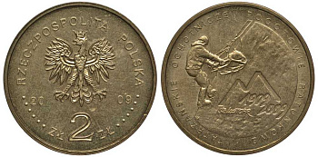 Польша 2 злотых 2009 MW, 100 лет со дня основания Тартовской горноспасательной службы (TOPR) KM 697 нордик UNC 111-335