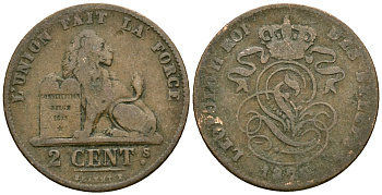 Бельгия 2 сантима 1873 Des Belges, Леопольд II (1865-1909) KM 35.1 медь 4177-1044