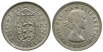 Великобритания 1 шиллинг 1963 Елизавета II (1952-2022), Английский герб KM 904, Spink 4147 медно-никель 4384-456