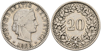 Швейцария 20 раппенов 1883 B KM 29 никель 4606-726