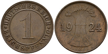 Германия 1 рейхспфенниг 1924 J KM 37, J. 313 бронза 4189-813